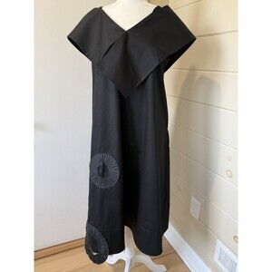 BIZE Black Cotton Dress Large Asymmetrical Bib Avant Garde Pockets Architectural